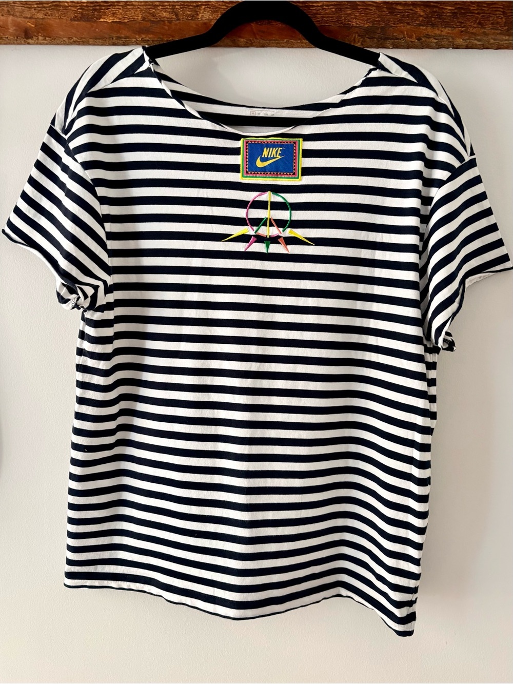 Nike—Black/White Striped Tee, Embroidery Peace Sign, Logo Patch (Oversized, XS)